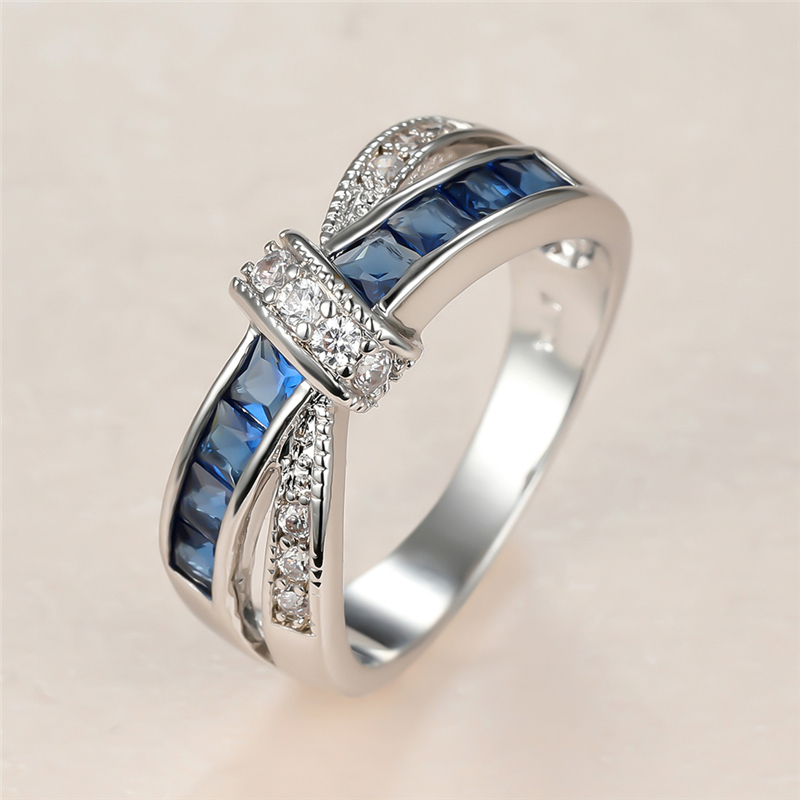 럭셔리 여성 블루 크리스탈 스톤 링 참 실버 컬러 결혼 반지, 여성을 위한 귀여운 신부 나비 매듭 지르콘 약혼 반지